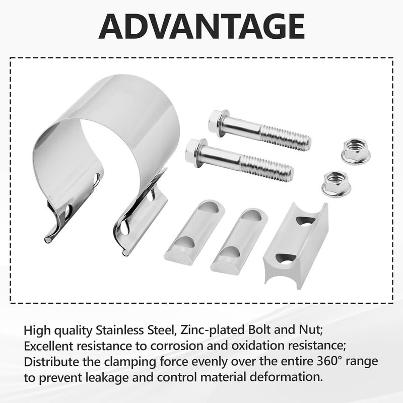 BIGREAT 2.5'' Inch Exhaust Clamp, 2 1/2 Inch Butt Joint Seal Band Sleeve Coupler - Universal for Exhaust System, 2PCS Polished T304 Stainless Steel - Image 5